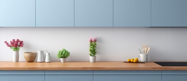 Photo comptoir vide dans une cuisine minimaliste moderne avec des meubles bleus et un décor élégant