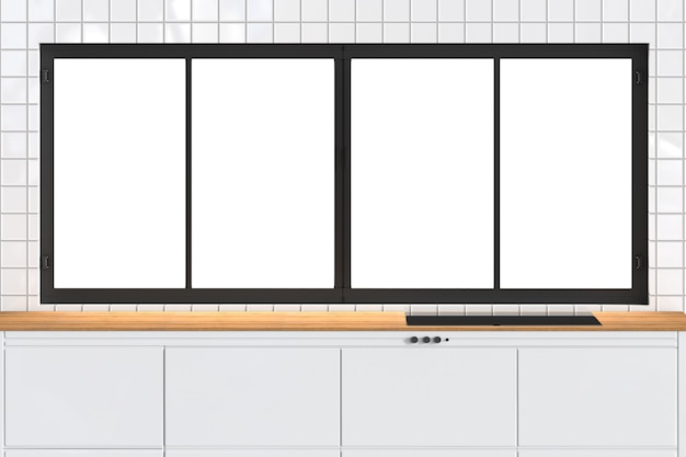 Comptoir vide de rendu 3D avec des cadres de fenêtre dans la cuisine