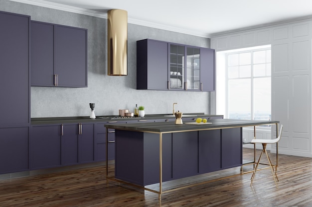 Des comptoirs violets de coin de cuisine à parois en béton