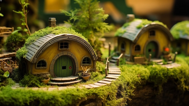 Comté village de hobbits petites maisons de contes de fées dans le sol avec des portes rondes