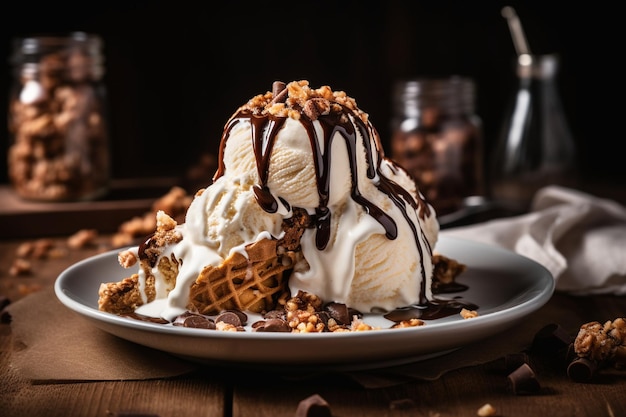 Con de crème glacée sucrée avec des biscuits