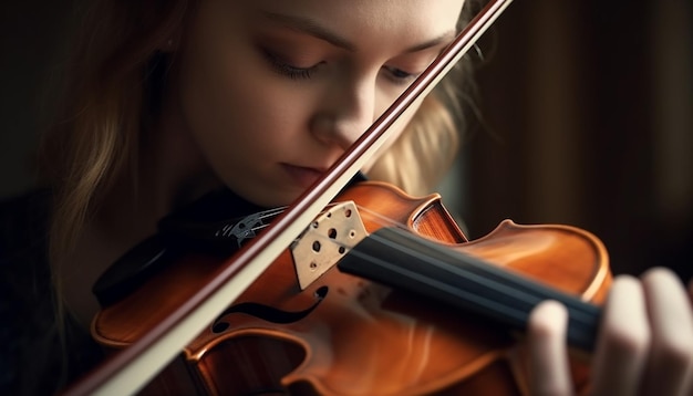 Concentration d'apprentissage de violoniste enfant caucasien pratiquant à l'intérieur générée par l'IA