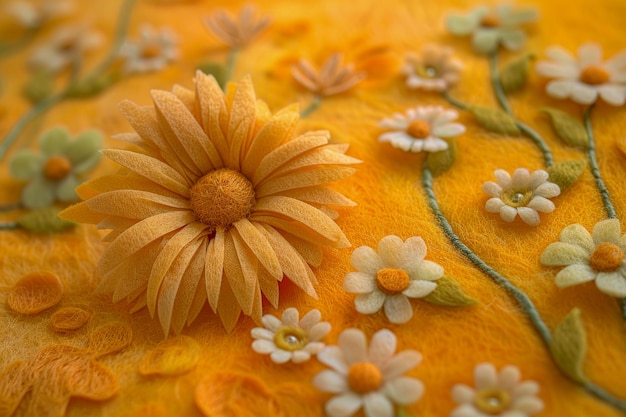 Concentration artistique sur une seule marguerite orange fabriquée sur une surface de feutre jaune texturée mettant en valeur les détails artistiques et la créativité