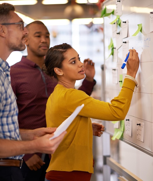 Photo concentration de la femme et remue-méninges sur le tableau blanc ou la présentation marketing ou les employés masculins et au bureau coach formatrice et travailleurs masculins ou tableau à feuilles mobiles ou projet d'entreprise et réunion sur le lieu de travail