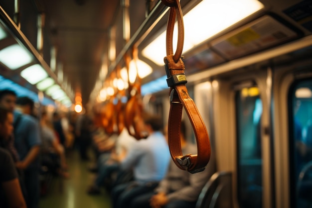 Concentration sélective sur l'adhérence Main floue sécurise la sangle assurant la sécurité dans les voyages en métro
