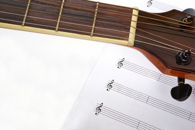 Concentrer le cou de la guitare acoustique et flouir les notes musicales sur un fond blanc Concept de musique et d'apprentissage