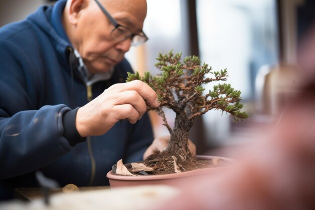 Photo concentrez- vous sur un bonsaï de genévrier façonné par une main habile