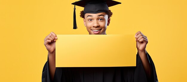 Concentrez-vous sur un jeune diplômé excité tenant une affiche vierge sur fond de studio jaune