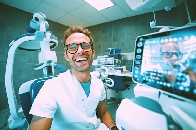 Photo concentrez-vous sur la lampe le médecin allume les lumières jeune homme dentiste dans la clinique dentaire médecine ia générative