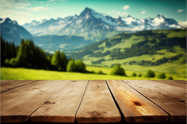 Concentrez-vous sur une table en bois vide avec un fond de prairie d'arbres naturels flous