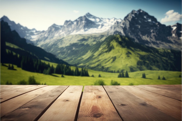 Concentrez-vous sur une table en bois vide avec un fond de prairie d'arbres naturels flous