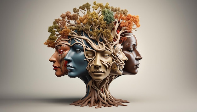 un concept 3D d'un arbre avec des branches qui forment divers visages humains représentant la vision de MLK