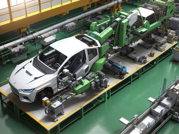 Photo concept 3d d'assemblage automatisé de robots dans une usine de voitures aériennes