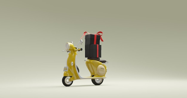 Photo concept 3d illustration simple d'un mini scooter mignon avec des cadeaux en noir et rouge sur un blanc pur