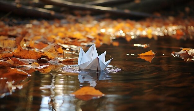 un concept 3D d'un simple bateau en papier flottant sur une petite flaque d'eau