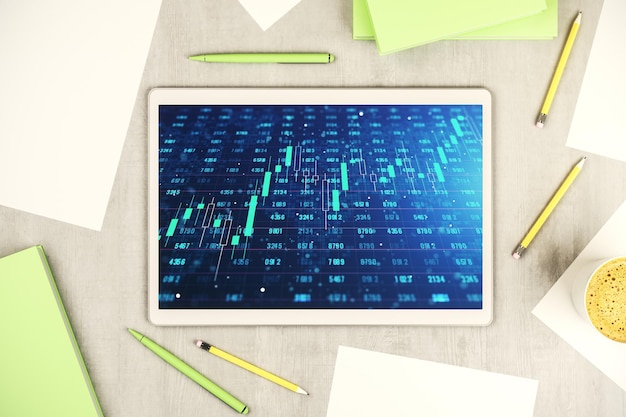 Concept abstrait de données de statistiques créatives sur l'écran de la tablette numérique moderne, vue de dessus, rendu 3D