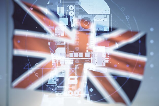 Concept abstrait d'intelligence artificielle virtuelle avec croquis de tête humaine sur le drapeau britannique et fond de ciel coucher de soleil Double exposition