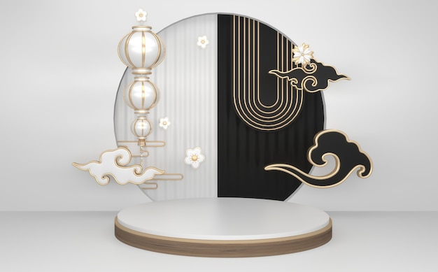 Concept abstrait podium or noir et décoration style japonais
