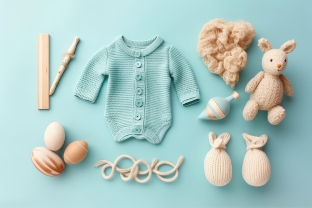 Concept d'accessoires pour bébé Photo vue de dessus de vêtements pour bébé avec espace vide