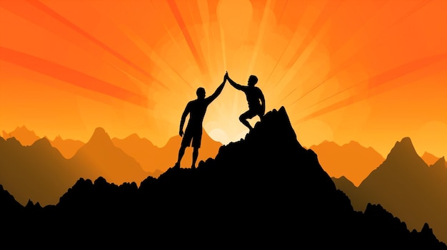 Concept d'accomplissement avec la silhouette de deux randonneurs donnant un high five au sommet de la montagne Illustrateur d'IA générative