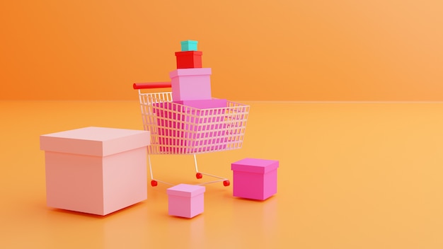 Le concept d'achat en ligne est entouré de shopping avec panier et boîte-cadeau