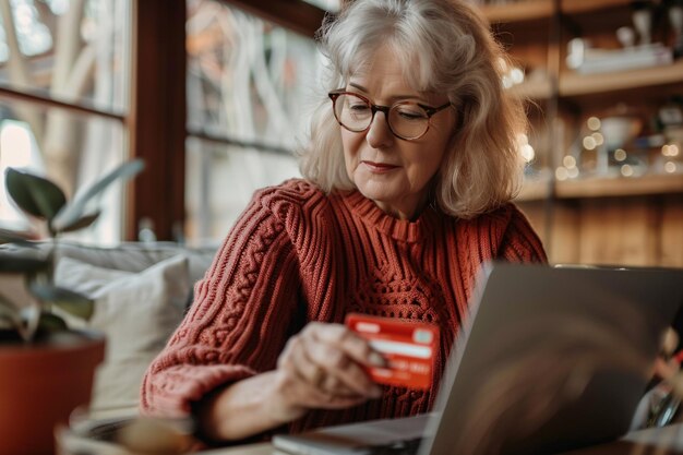 concept d'achat en ligne femme âgée utilisant un ordinateur portable et payant par carte de crédit