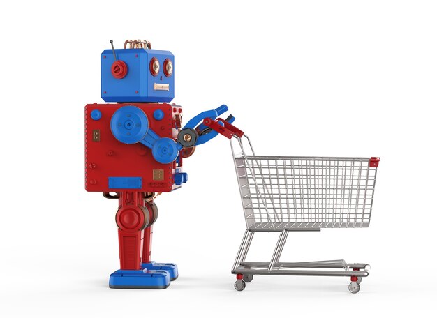 Concept d'achat en ligne avec robot de rendu 3d tin toy tenir panier