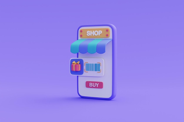 Concept d'achat en ligne sur smartphone 3d, marketing numérique et promotion commerciale, paiement en ligne. Illustration de rendu 3d.