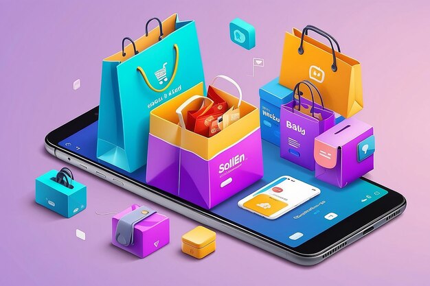 Le concept d'achats en ligne sur les réseaux sociaux app 3d Smartphone avec sac d'achat chat livraison de messages 24 heures et comme icône adapté à la promotion des magasins numériques web et illustration publicitaire