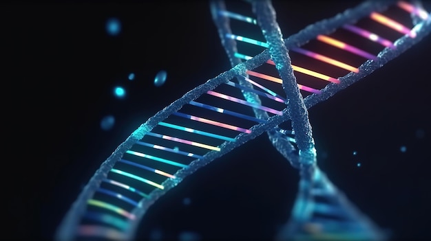Concept d'ADN Spirale d'hélice de molécule d'ADN sur l'IA générative bleue