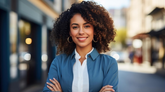 Concept d'affaires et de technologie femme d'affaires afro-américaine souriante avec une coiffure afro sur le fond de la rue de la ville IA générative