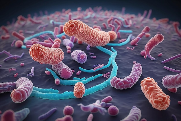 Concept d'agents infectieux bactéries bacilles e coli partie du microbiome intestinal image agrandie sous le microscope rendu 3D illustration 3D