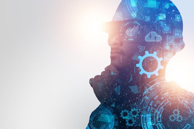 Concept Ai Silhouette Ingénieur Développement Intelligence Artificielle Nuage Big Data Cerveau Cyber