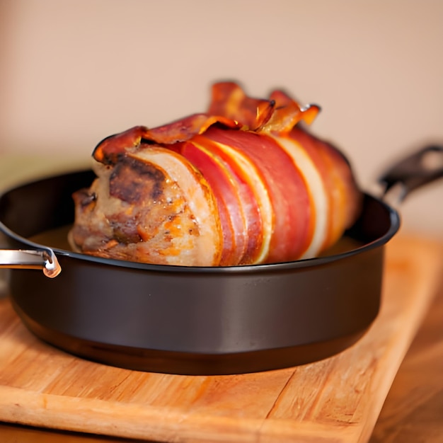 Photo concept alimentaire fait maison bacon farci porc tenderloin cuit dans une casserole en fonte sur une planche de bois ronde