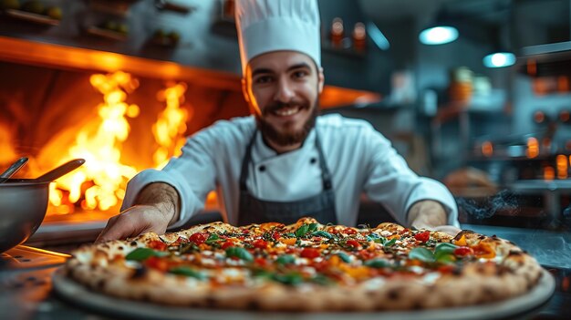 Photo concept alimentaire préparer une pizza italienne traditionnelle jeune chef souriant en uniforme