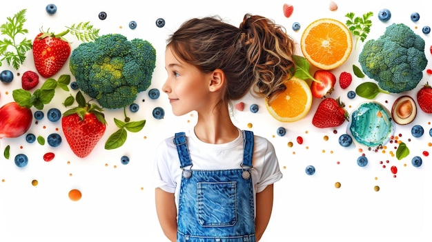 Un concept d'alimentation et de régime sain Une petite fille mignonne avec des fruits et des légumes