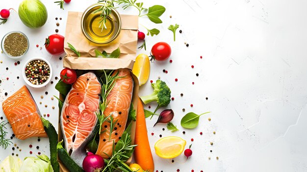 Concept d'alimentation saine avec des légumes frais, des fruits, du poisson et de l'huile d'olive sur un fond blanc Idéal pour les conseils nutritionnels Ingrédients délicieux et appétissants AI