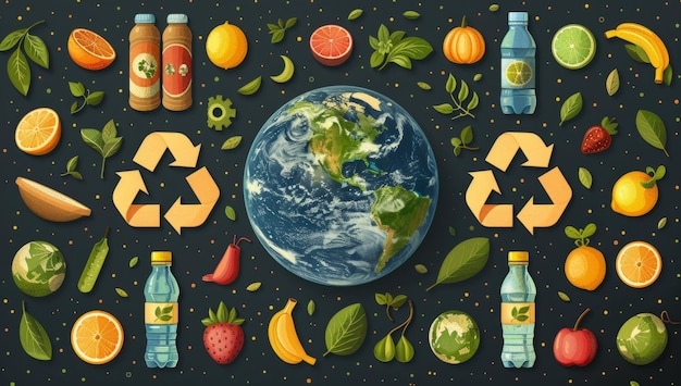 Concept d'aliments écologiques et de recyclage avec la Terre entourée de fruits frais, de légumes et de bouteilles réutilisables Illustration de la réduction durable des déchets vivants et de la protection de l'environnement