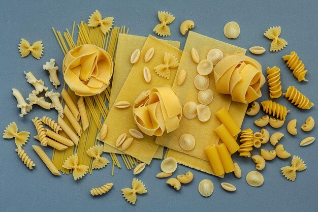 Le concept des aliments italiens et la conception du menu Variétés de pâtes Farfalle Pasta A Riso Orecchiette Pugliesi Gnocco Sardo et Farfalle sur fond gris avec couche plate