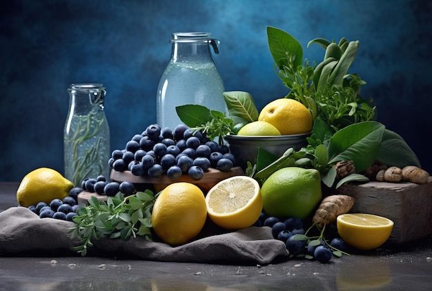 Concept d'aliments sains avec des bleuets frais, des citrons, de la menthe et du citron sur un fond sombre