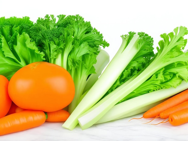 Concept d'aliments sains végétariens feuilles de laitue de céleri vert et carotte sur fond de cuisine blanc généré par ai