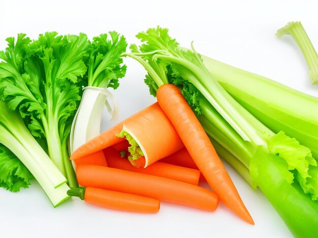Concept d'aliments sains végétariens feuilles de laitue de céleri vert et carotte sur fond de cuisine blanc généré par ai