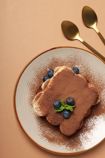 Concept d'aliments sucrés vue de dessus de gâteau Tiramisu