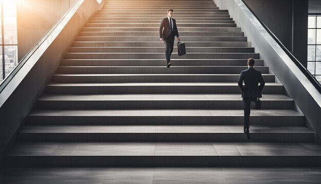 Concept d'ambition avec un homme d'affaires montant les escaliers
