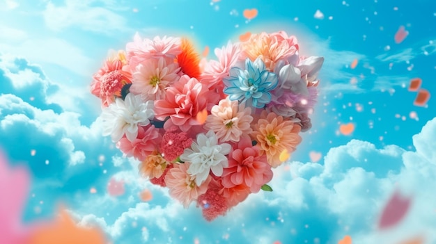 Concept d'amour créatif de nuages de fleurs de printemps fraîches dans le fond du ciel Aimer une joyeuse Saint-Valentin un bouquet explosif Arrière-plan bleu pastel Illustrateur d'IA génératif