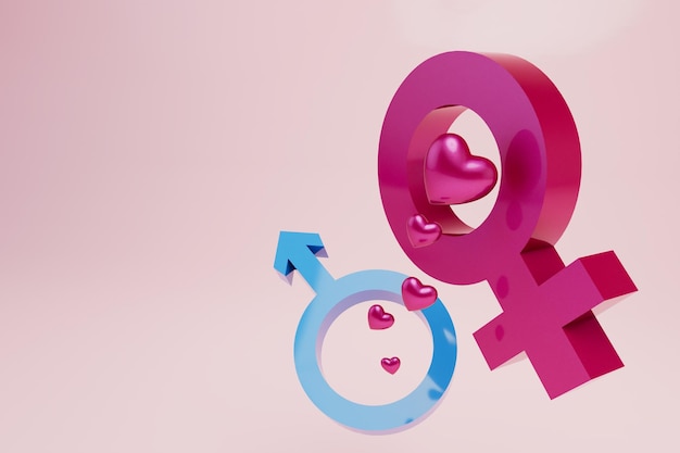 Concept d'amour de l'homme et de la femme icônes de l'homme et de la femme et des coeurs sur fond rose rendu 3d