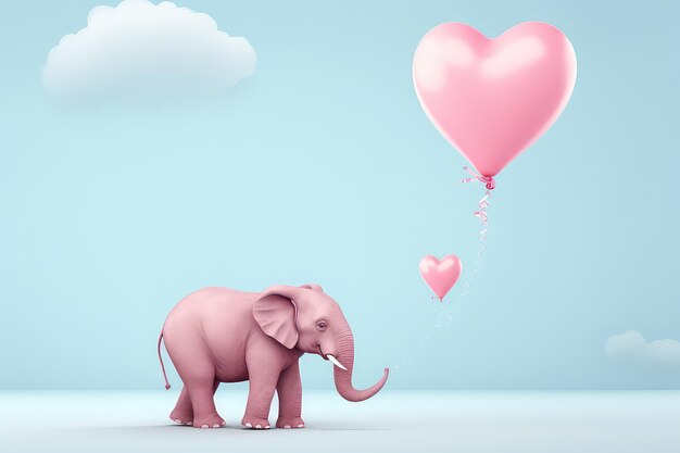 Concept d'amour pastel mettant en vedette des animaux sauvages avec un éléphant exprimant l'amour et offrant un H rose pastel