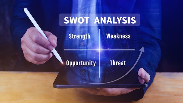 Concept d'analyse SWOT Homme d'affaires dessinant un diagramme de stratégie d'analyse SWOT Force et faiblesse Opportunité et menace Travail d'équipe brainstorming vision et objectif