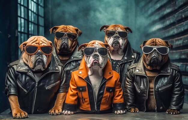 Photo concept d'animal créatif famille de gang de chiots de bulldog dans des tenues en cuir de motards