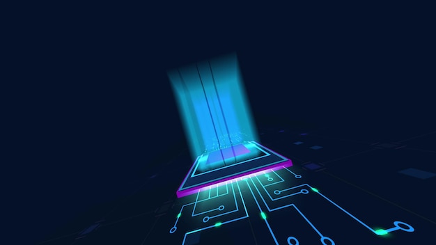 Concept animation de rendu 3d carte mère CPU processeur micropuce démarrage néon données traitement de l'information NFT crypto art signe jeton non fongible